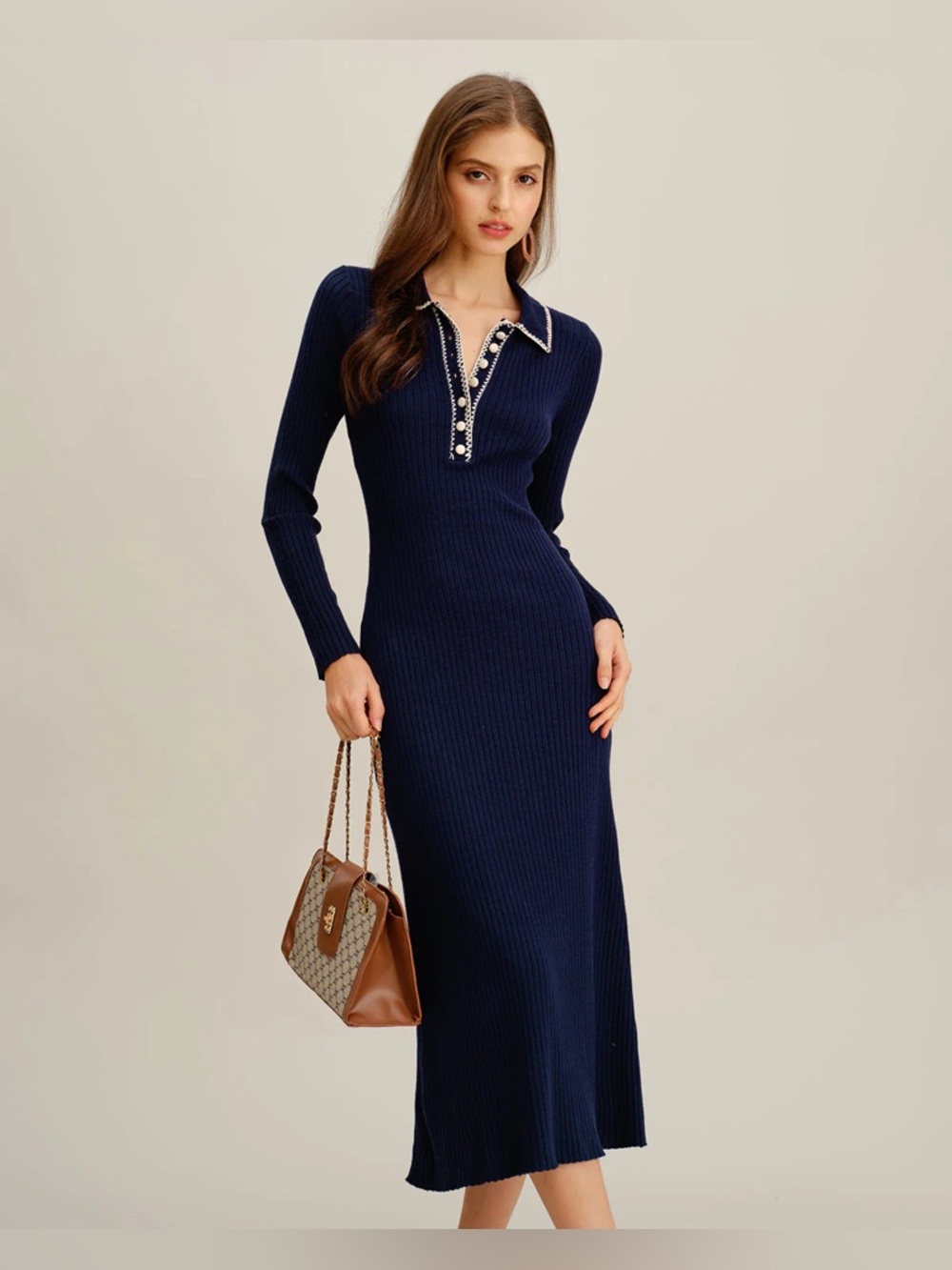 Blue Contrasting Button Sweater Dress
